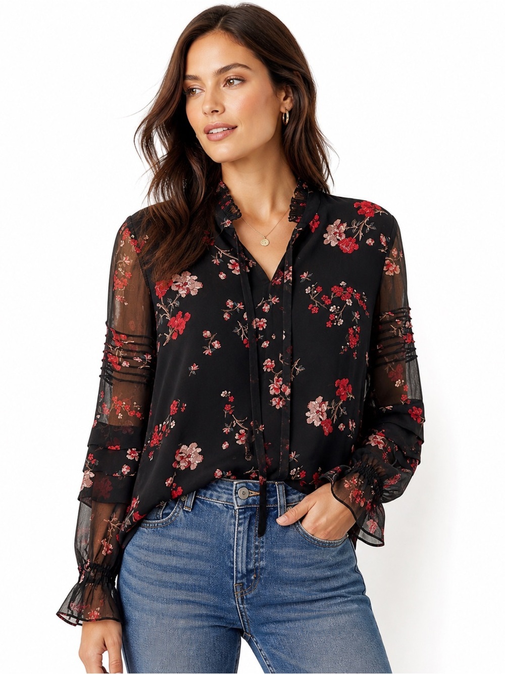 Lauren Ralph Lauren Floral Sheer Blouse Black Tie Neck Boho Peasant size M